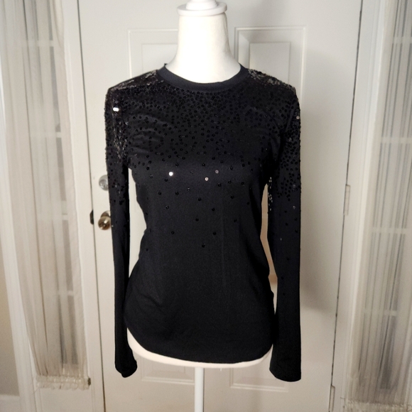 INC International Concepts Black Sequin Long Sleeve Top  Size Small - Picture 1 of 6